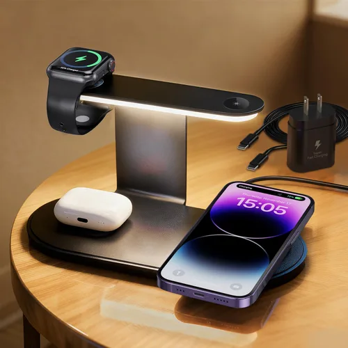 KeeKit Cargador inalámbrico, estación de carga inalámbrica 4 en 1 con luz nocturna de atenuación, base de carga rápida para iPhone, iWatch, AirPods,