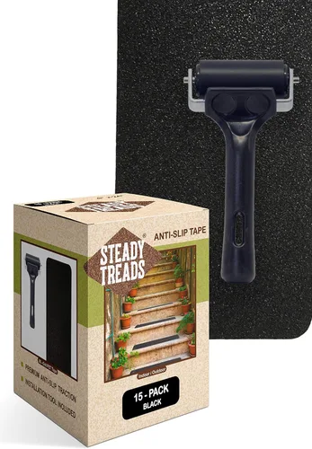 Juego de peldaños de escalera adhesivos antideslizantes sin PVC y práctico rodillo de instalación (15 unidades - 4 x 24 pulgadas + rodillo, negro)
