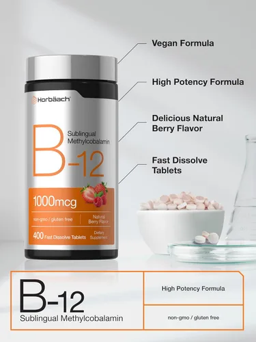 Miniatura 4 de Horbäach Vitamina B12 1000 mcg Sublingual 400 Comprimidos de Disolución Rápida Suplemento de Metilcobalamina para Mujeres y Hombres Sabor a
