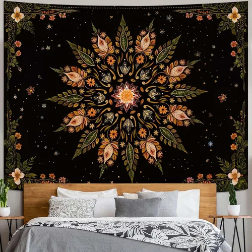 Miniatura 18 de Fowocu Tapiz bohemio con mandala floral para colgar en la pared, medallón de flores bohemias, tapiz estético, beige, naranja, hippie, indio, pequeño