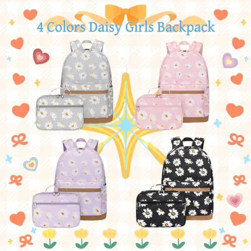 Miniatura 13 de 3 piezas de mochila con estampado de margaritas para niños, mochila de escuela primaria, mochila para estudiantes de primaria, mochila para Negro