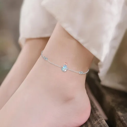Miniatura 6 de AOBOCO Tobillera de plata de ley para mujer, pulsera de tobillo de ojo turco de mariposa de cristal, libélula