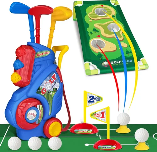 Miniatura 10 de Juego de golf para niñas y niños de 1, 2, 3, 4 años, carrito de golf mejorado para niños con 3 palos y 8 bolas, juguetes deportivos para interiores