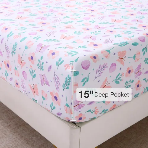 Miniatura 3 de Viviland Juego de sábanas de 3 piezas con estampado botánico de mariposas y flores rosas y moradas, sábanas de microfibra suave y transpirable