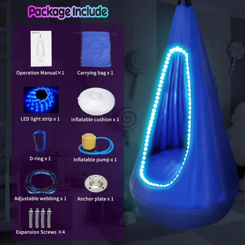 Miniatura 2 de Silla de columpio para niños con luz, columpio sensorial con arnés colgante y hamaca, columpio sensorial mejorado para niños con luces LED USB hasta