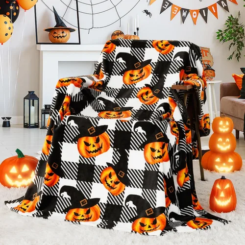 Miniatura 3 de Touchat Manta de Halloween, manta de forro polar, manta a cuadros de búfalo para sofá, cama, suave, cálida, acogedora, manta de felpa a cuadros