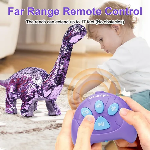 Miniatura 6 de Juguetes de dinosaurio para niñas, juguete de dinosaurio caminante de lentejuelas con control remoto, ruge, canta, camina y repetición, juguete