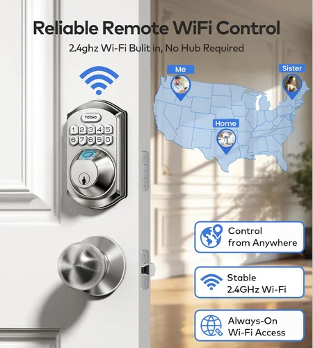 Miniatura 2 de TEEHO TE012W-K - Cerradura de puerta de entrada inteligente sin llave WiFi con asa, perilla de puerta de huellas dactilares y teclado digital