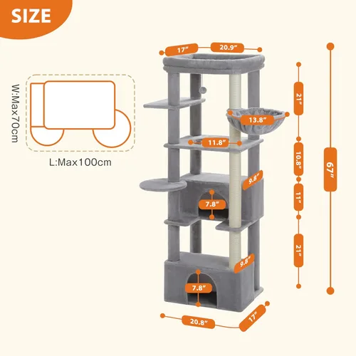 Miniatura 6 de PEQULTI Árbol para gatos de interior de 66 pulgadas, torre grande para gatos con poste rascador cubierto de sisal, hamaca de metal súper grande