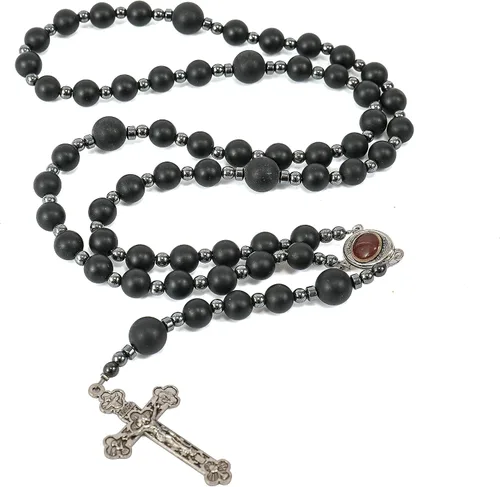 Nazareth Store Rosario de cuentas de ágata negra, rosario de hombres católicos con cuentas naturales mate con piedras de hematita, medalla de suelo