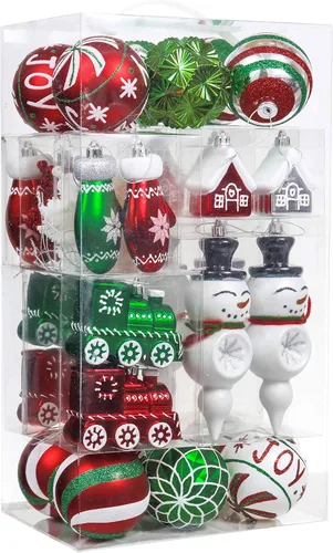 Valery Madelyn Juego de adornos para árbol de Navidad, 100 unidades, color rojo, verde y blanco, irrompibles, decoración para árbol de Navidad,