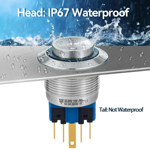 Miniatura 6 de Interruptor de botón de 0.866 in con cierre redondo alto impermeable IP67 de acero inoxidable 304 con luz LED de 110 V 120 V CA para 7/8 pulgadas