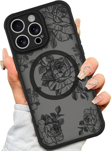 Miniatura 11 de AIGOMARA Funda para iPhone 13 Pro Max [compatible con MagSafe] Diseño de patrón floral de flores negras para mujeres y niñas, TPU suave, parte