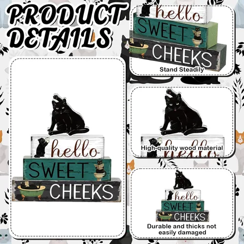 Miniatura 2 de Cinnvoice 4 piezas de decoración de baño de gato negro, decoración de baño de granja Hello Sweet Cheeks, centro de mesa, regalo para Navidad, San