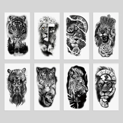 Miniatura 6 de 8 hojas de calcomanías temporales para tatuajes temporales de pierna de brazo de león del bosque, Jesús, cráneo, cráneo, rosa, corona de rosas