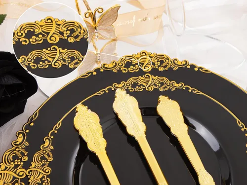 Miniatura 9 de Hioasis 210 platos negros y dorados, platos de fiesta negros para 30 invitados, incluye 60 platos resistentes (20% más gruesos que el estándar), 30