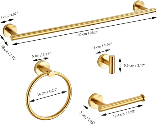 Miniatura 8 de Juego de accesorios de baño de oro cepillado de 5 piezas con toalleros para baño, juego de barras para toallas de baño de acero inoxidable SUS304