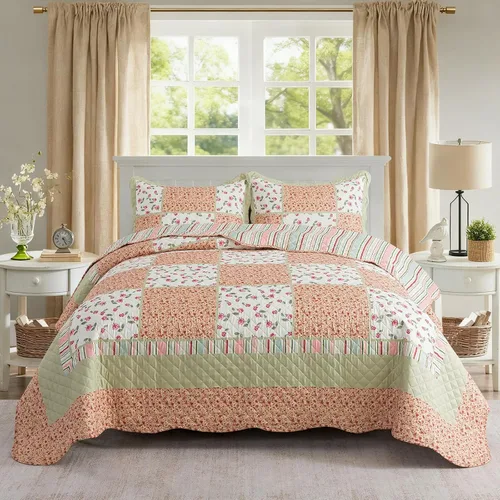 Miniatura 26 de NEWLAKE - Juego de cubrecama reversible con diseño floral a cuadros, tamaño queen Floral a cuadros marrón