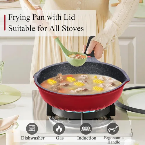Miniatura 3 de Vinchef Sartén antiadherente con tapa, sartén de aluminio de 11 pulgadas/5 cuartos de galón con tapa e indicador de calor, sartén profunda
