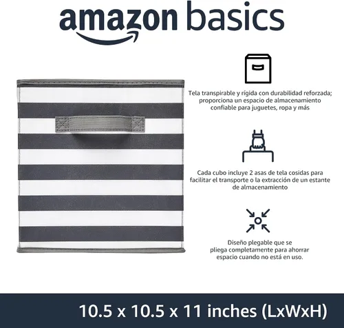 Miniatura 2 de Amazon Basics Contenedores de Almacenamiento Organizadores de Cubo con Asas, Tela Plegable, Paquete de 6, 10.5"x10.5"x11", Blanco/Gris Claro