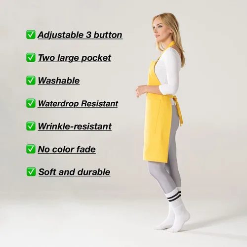 Miniatura 7 de TOSHE Delantal de cocina de algodón resistente a las gotas de agua con delantales ajustables para mujer con bolsillos, 10 opciones de color, Amarillo