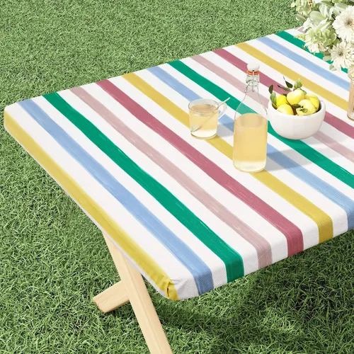 Miniatura 11 de misaya Mantel rectangular de vinilo, mantel ajustable, 100% impermeable, borde elástico, reverso de franela, mantel de plástico para mesas plegables