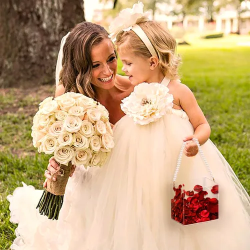 Miniatura 5 de Cesta de flores para niña, cesta de boda, cesta de pétalos con cinta de acrílico para confeti (perla)