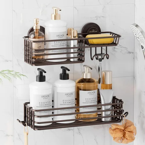 Miniatura 9 de LEVERLOC Cesta de ducha con ventosa, cesta de ducha con ganchos y jabonera para baño, organizador de ducha para baño sin necesidad de taladrar