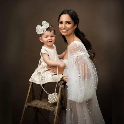 Miniatura 2 de yinyyinhs Vestido de maternidad de tul con perlas para sesión de fotos, manga larga hinchada, hombros descubiertos, vestido de maternidad para baby