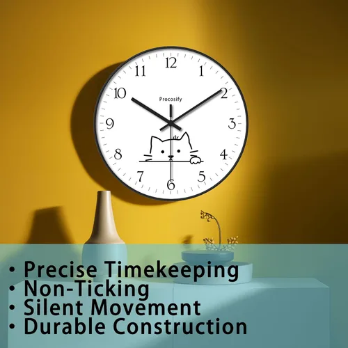 Miniatura 5 de Reloj de pared de plástico de 8 pulgadas, funciona con pilas, reloj redondo decorativo, gato blanco