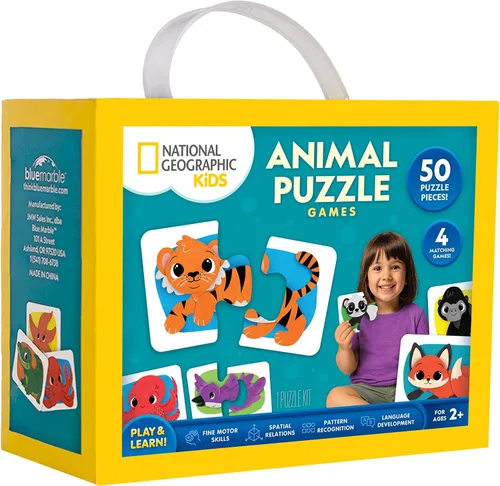 National Geographic Kids Animal Puzzle Games – 50 Matching Puzzle Cards, 4 Educational Matching Games, Portable Early Learning Game Set with Play &