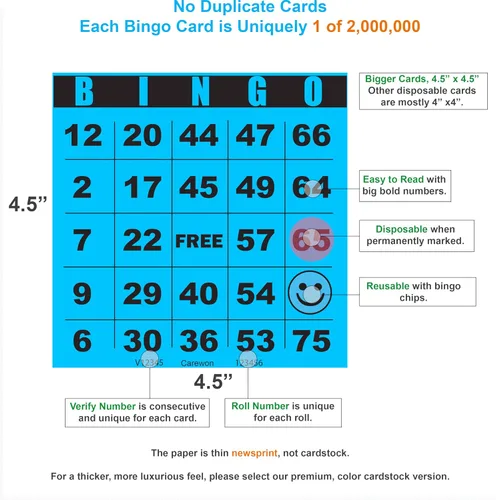 Miniatura 2 de 100 tarjetas de bingo, grandes de 4.5 x 4.5 pulgadas, azul (1 de 8 colores), hojas de bingo de papel, desechables o reutilizables para daubers