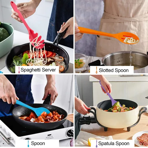 Miniatura 5 de LIANYU Utensilios de cocina de silicona de 12 piezas con soporte, juego de herramientas de cocina incluye espátula ranurada, cuchara, cucharón