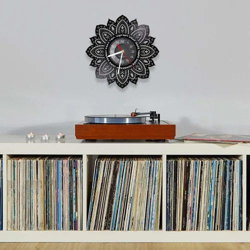 Miniatura 4 de Reloj de pared de disco de vinilo con forma de loto de mandala de 12 pulgadas, diseño moderno de flor, silencioso, de cuarzo, sin tictac, reloj