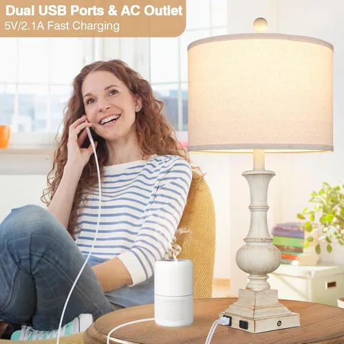 Miniatura 2 de 26" Farmhouse Table Lamp, Vintage Rustic Touch Control Bedside Lamp with 2 USB Ports & AC Outlet, Boho Resin 3-Way Dimmable Nightstand Lamp Linen