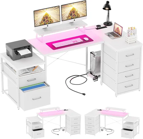 Miniatura 10 de Unikito Escritorio reversible en forma de L para computadora con cajones de tela, escritorio esquinero de oficina grande de 70.8 pulgadas con luces
