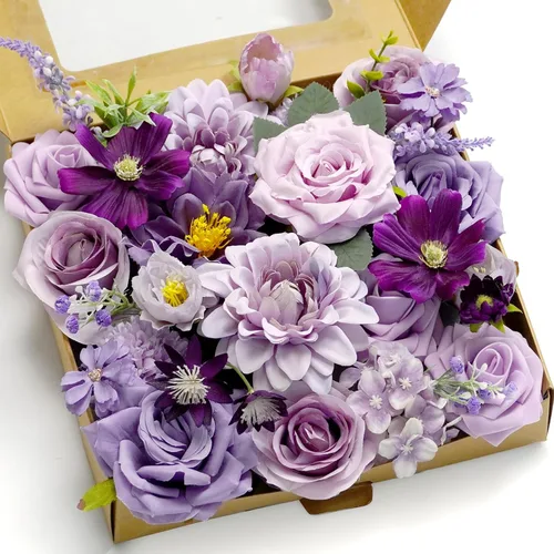 Juego de caja de flores artificiales moradas, combo de rosas falsas y dalias para manualidades, boda, centro de mesa, buqué de novia, baby shower,