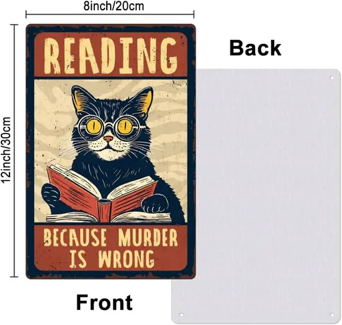 Miniatura 2 de 1 letrero de metal vintage de 8 x 12 pulgadas con diseño de gato retro con texto en inglés "Reading Because Murder is Wrong", póster