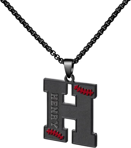 Miniatura 68 de Ldurian Collar personalizado con nombre de béisbol, cadena negra de acero inoxidable, collar con nombre deportivo, letra A-Z de 24 pulgadas, regalos