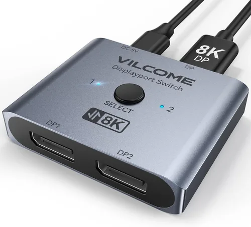 Vilcome Conmutador DisplayPort 8K Splitter, Plug & Play, conmutación de un botón, caja de conmutación de puerto de pantalla bidireccional 2 en 1 Gris