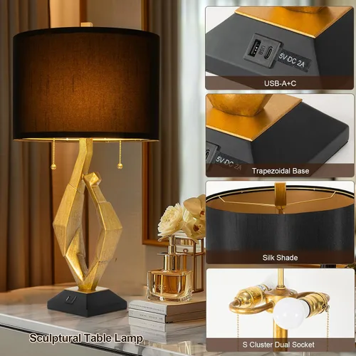 Miniatura 2 de Juego de 2 lámparas de mesa escultóricas con puertos USB para sala de estar, lámparas de noche de granja con acabado en hoja de oro y interruptor