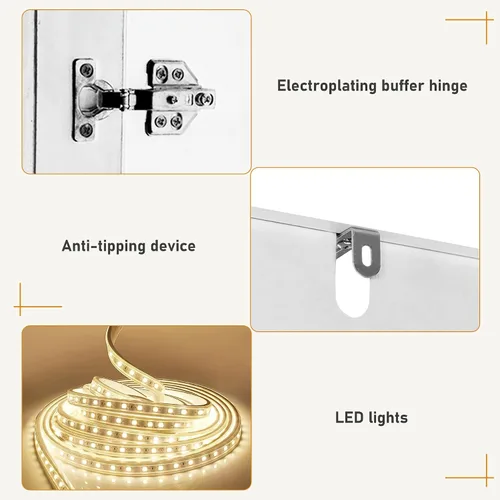 Miniatura 5 de Armario de 4 puertas con espejo, armario LED con puertas y cajones, armario de almacenamiento de madera con barra para colgar, estantes ajustables