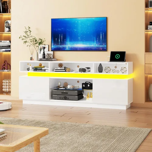 Miniatura 10 de chartustriable Soporte de TV LED para TV de 80 pulgadas, centro de entretenimiento alto moderno con tomas de corriente, soporte de TV de alto