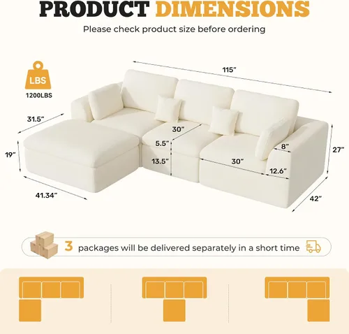 Miniatura 2 de Luxanimarion Sofá modular sin hueso de 115 pulgadas, asiento profundo en forma de L con otomana, sofá modular convertible de 4 plazas tapizado