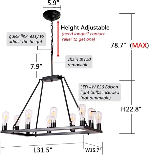 Miniatura 4 de Candelabro rectangular de metal para isla de cocina, estilo rústico, antiguo, industrial, lámpara colgante para comedor, cafetería, pasillo