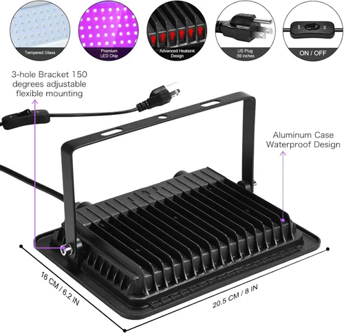 Miniatura 4 de XYCN Paquete de 2 focos LED de luz negra de 150 W, luz negra con enchufe, impermeable IP66 para fiesta brillante, Halloween, neón brillante