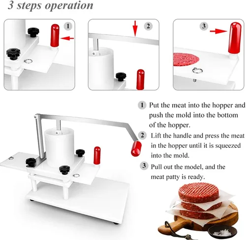 Miniatura 6 de Huanyu Máquina formadora de hamburguesas comercial Material PE 4.331 in 4.3 "Manual Burger Press Meat Patty Forming Processor White Burger Press
