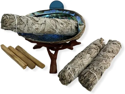 Miniatura 6 de NessaStores Kit de manchas de salvia de 2 piezas con salvia blanca de 7 pulgadas y concha de abulón de 6 a 7 pulgadas Todo natural para limpieza