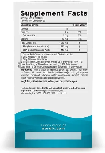 Miniatura 2 de Nordic Naturals Ultimate Omega a base de plantas, sabor a limón, 60 geles suaves vegetarianos, 1210 mg de omega-3, EPA y DHA veganos, suplemento