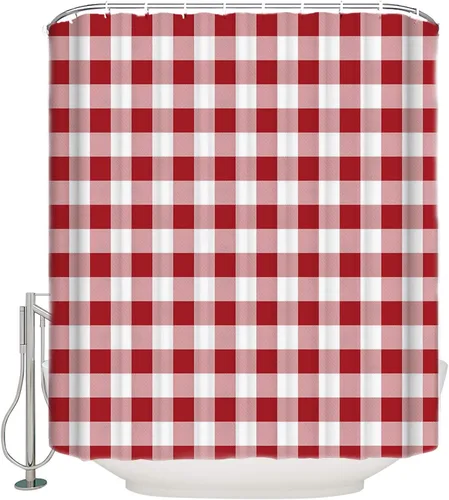 Miniatura 2 de Juego de cortinas de ducha a cuadros rojos, cortina de ducha lavable de 72 x 84 pulgadas con 12 ganchos, cortinas de ducha de tela impermeable a